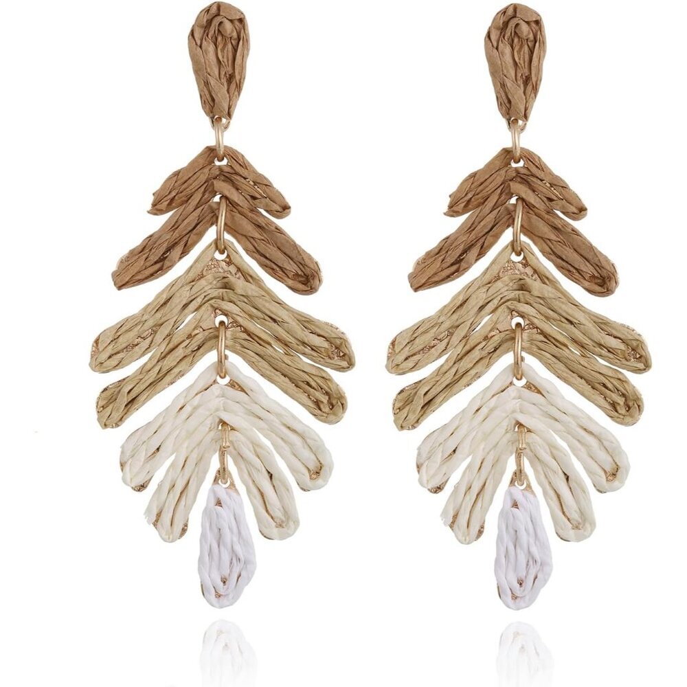 Raffia Long Palm Leaf Earrings, Colorful Handmade Rattan Leaf Drop Dangle Earrin